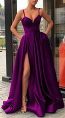 Bold A‑Line V‑Neck Spaghetti‑Strap High‑Slit Floor‑Length Prom Dress