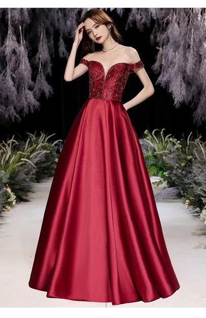 Burgundy Off Shoulder Beaded Satin Prom Dress With Pockets