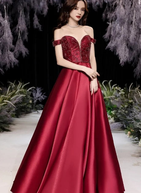 Burgundy Off Shoulder Beaded Satin Prom Dress With Pockets