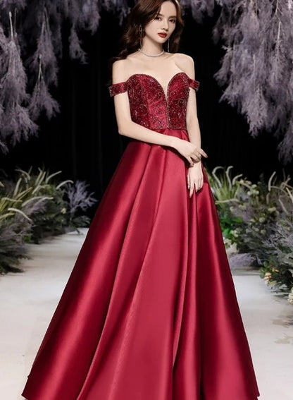 Burgundy Off Shoulder Beaded Satin Prom Dress With Pockets