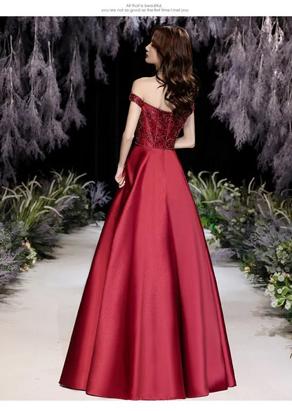 Burgundy Off Shoulder Beaded Satin Prom Dress With Pockets