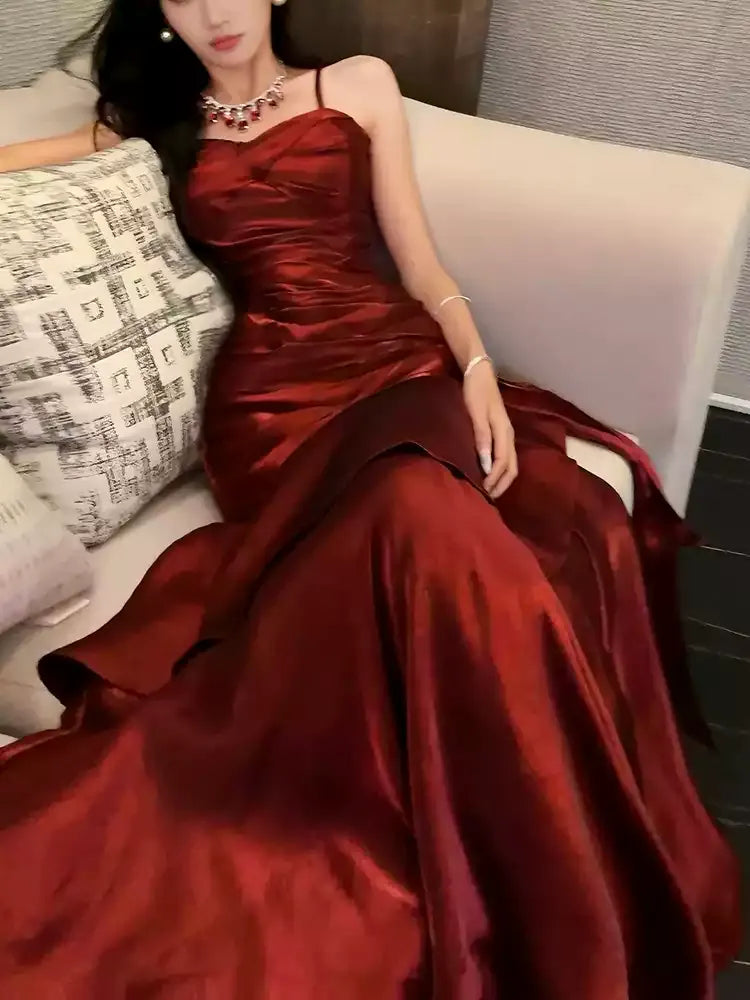 Burgundy Spaghetti Strap Ruched Layered Ruffle Satin Mermaid Prom Dress