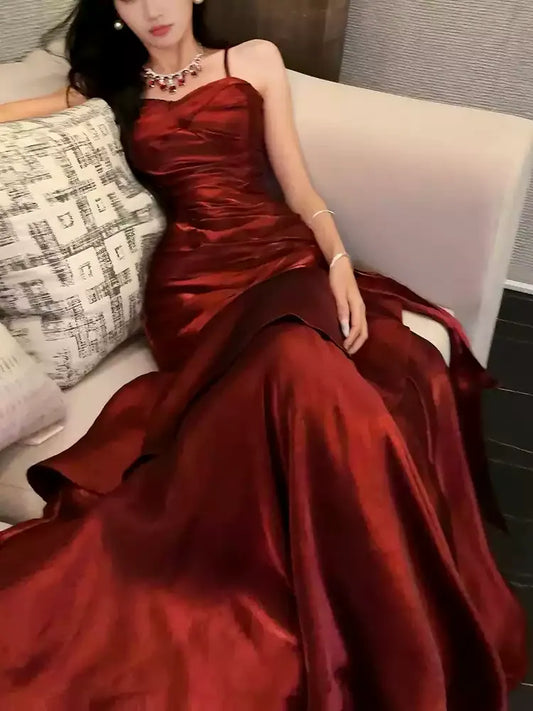 Burgundy Spaghetti Strap Ruched Layered Ruffle Satin Mermaid Prom Dress