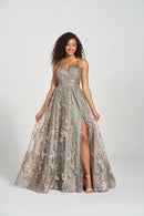 Sage Gold Glitter Floral Tulle A-Line Gown
