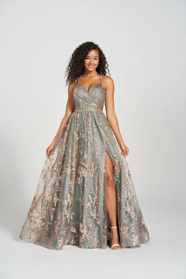 Sage Gold Glitter Floral Tulle A-Line Gown