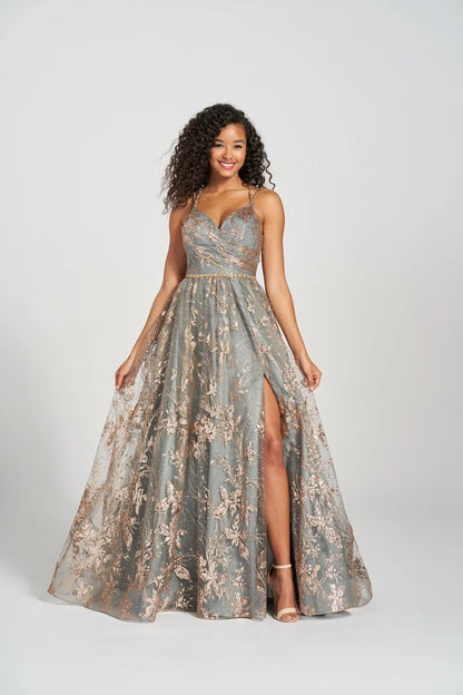 Sage Gold Glitter Floral Tulle A-Line Gown