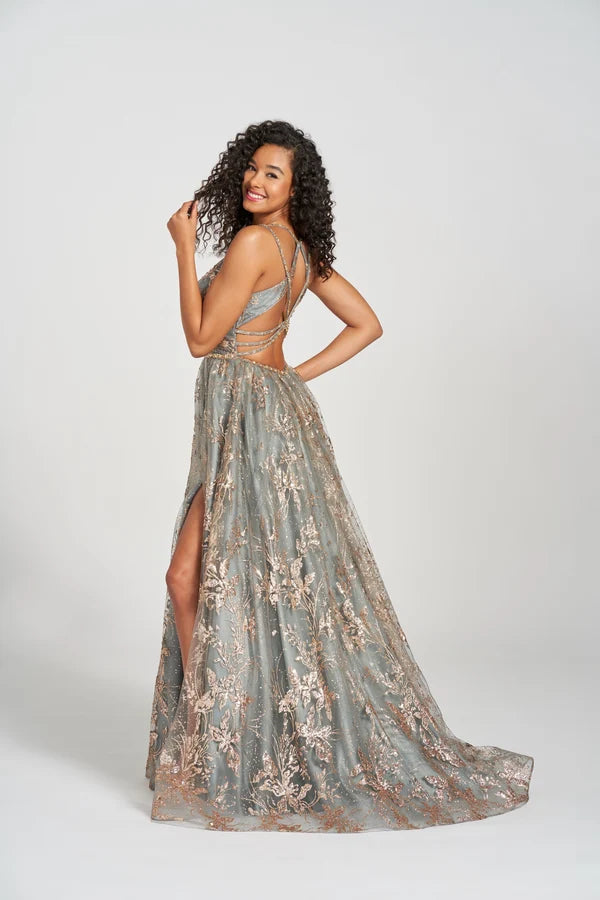 Sage Gold Glitter Floral Tulle A-Line Gown