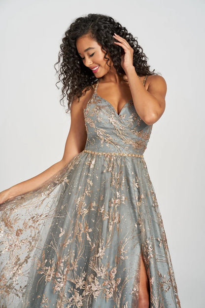 Sage Gold Glitter Floral Tulle A-Line Gown