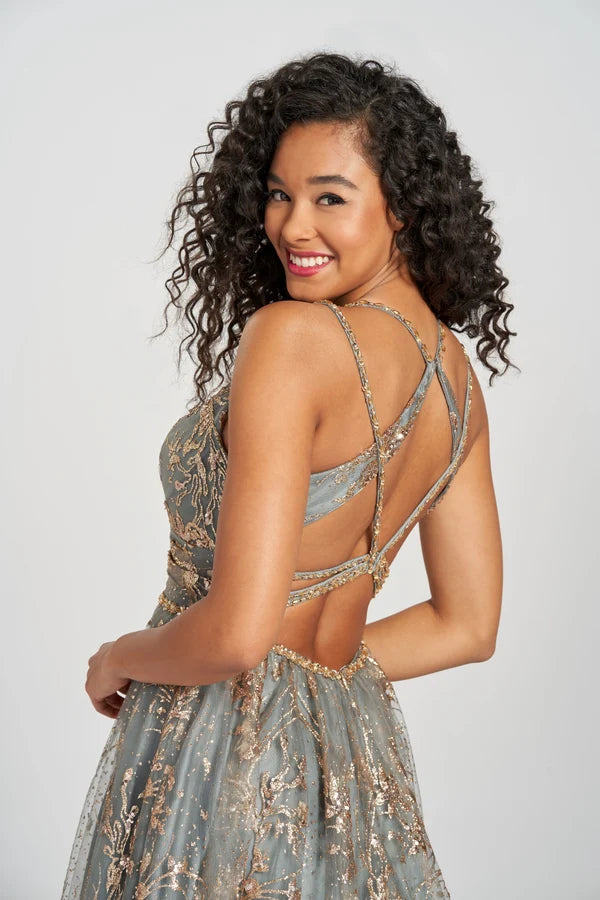 Sage Gold Glitter Floral Tulle A-Line Gown