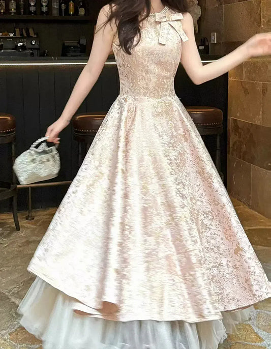 Champagne Halter Bow Jacquard Layered Tulle Hem Tea‑Length Prom Dress
