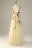 Prom Dress A Line Spaghetti Straps Tulle With 3D Flowers Backless Sweet Formal Wear Dresses
