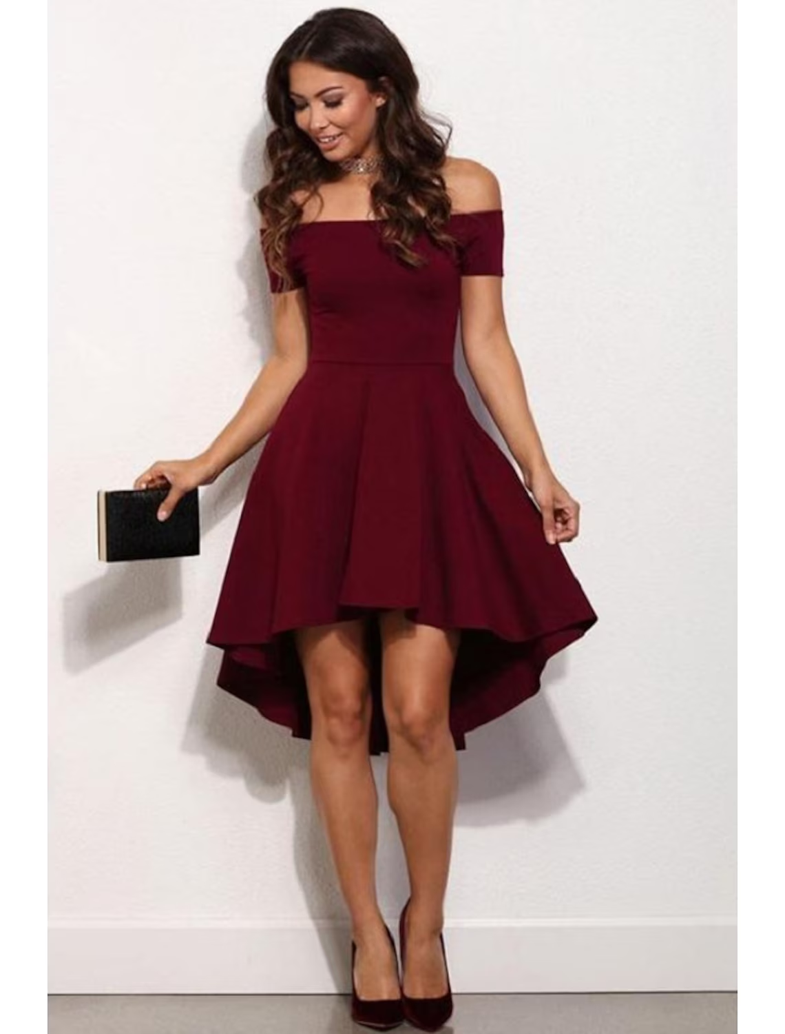Charming A-Line off-shoulder short sleeve mini homecoming dress in pure color.