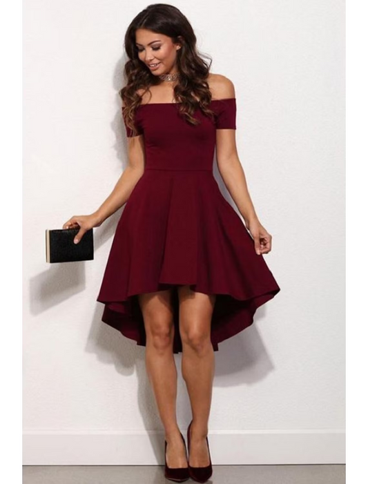 Charming A-Line off-shoulder short sleeve mini homecoming dress in pure color.