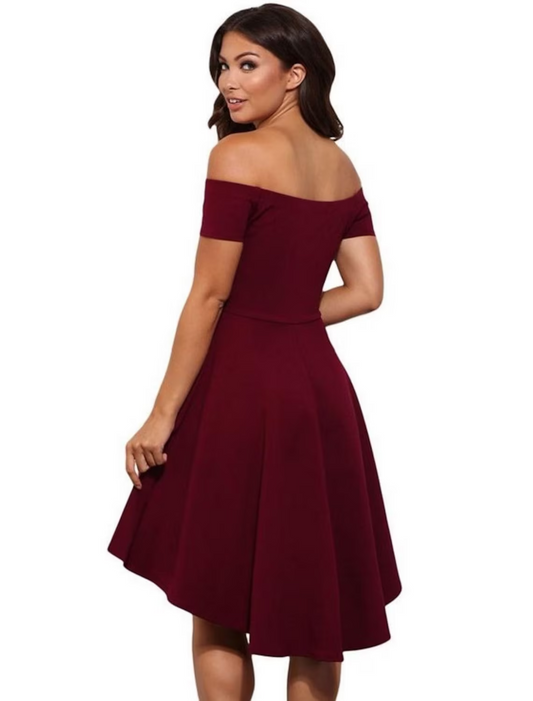 Back view of a charming A-Line off-shoulder short sleeve mini homecoming dress.