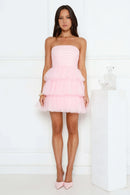 Charming A-Line Strapless Tiered Tulle Mini Pink Homecoming Party Dress.