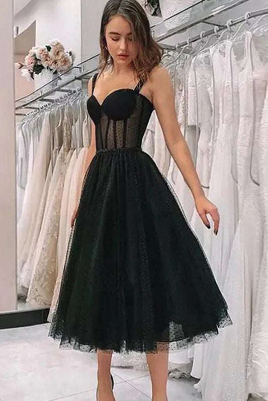 Charming black short prom dress with spaghetti straps, fairy vintage style.