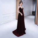 Burgundy Spaghetti Strap Velvet A Line Evening Gown With Low Back Train