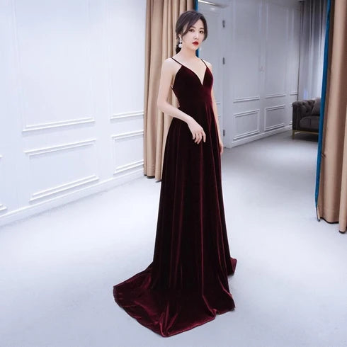 Burgundy Spaghetti Strap Velvet A Line Evening Gown With Low Back Train