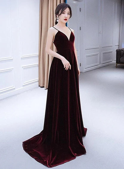 Burgundy Spaghetti Strap Velvet A Line Evening Gown With Low Back Train