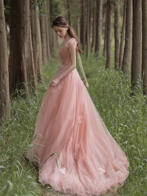 Blush Pink Tulle Prom Dress 3D Floral Appliques Sheer Tulle Cap Sleeves