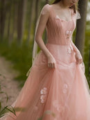 Blush Pink Tulle Prom Dress 3D Floral Appliques Sheer Tulle Cap Sleeves