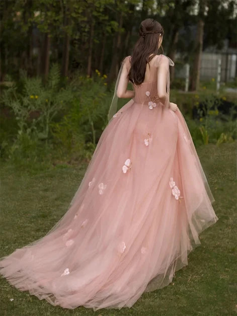Blush Pink Tulle Prom Dress 3D Floral Appliques Sheer Tulle Cap Sleeves
