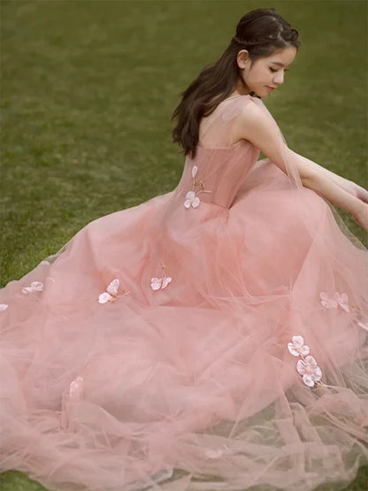 Blush Pink Tulle Prom Dress 3D Floral Appliques Sheer Tulle Cap Sleeves
