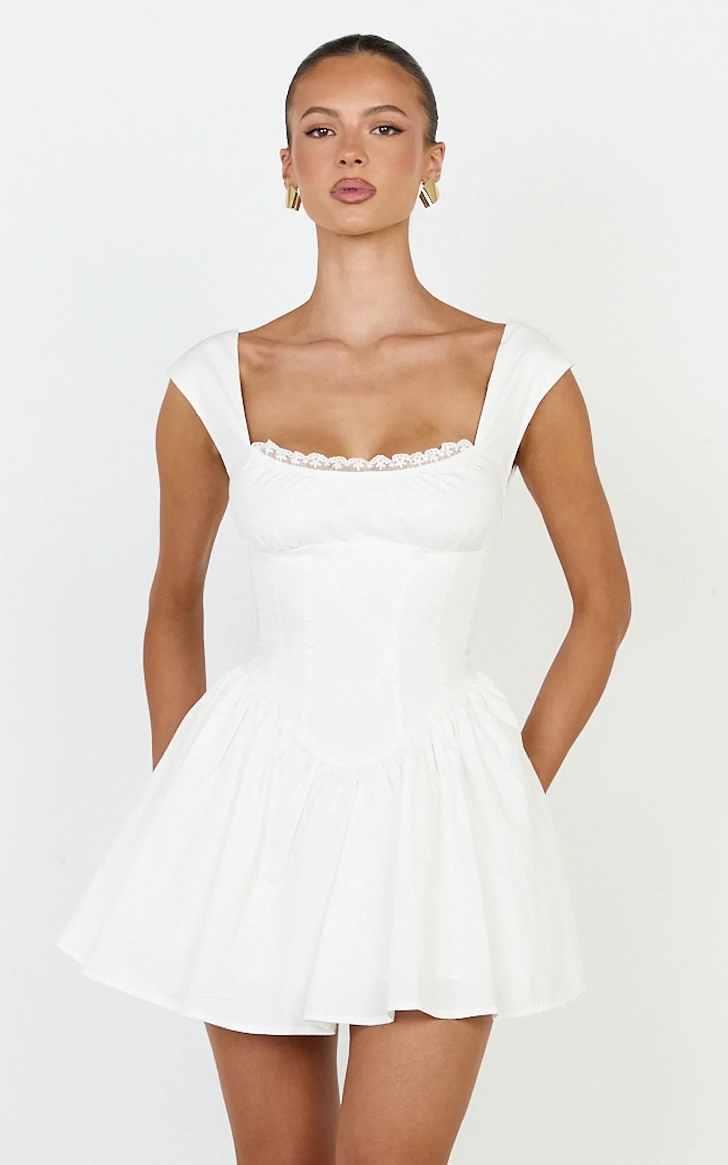 Charming Fit and Flare Square Neck Cap Sleeve Shirred Back Mini Homecoming Dresses