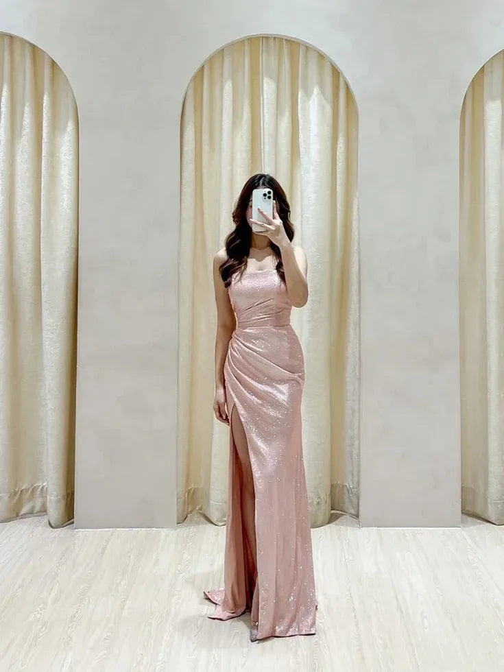 Charming Mermaid Strapless Sleeveless Solid‑back Floor‑length Slit Prom Dress