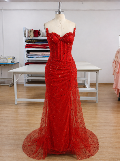 Red Sequin Mesh Mermaid Sweetheart Zipper Back Floor Length Dress