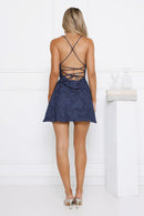 Chic A-Line Cowl Neck Criss-Cross Lace-Up Navy Mini Homecoming Dress.