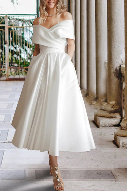 Chic A-Line Off Shoulder Short Sleeve Lace Up Back Tea Length Wedding Dress