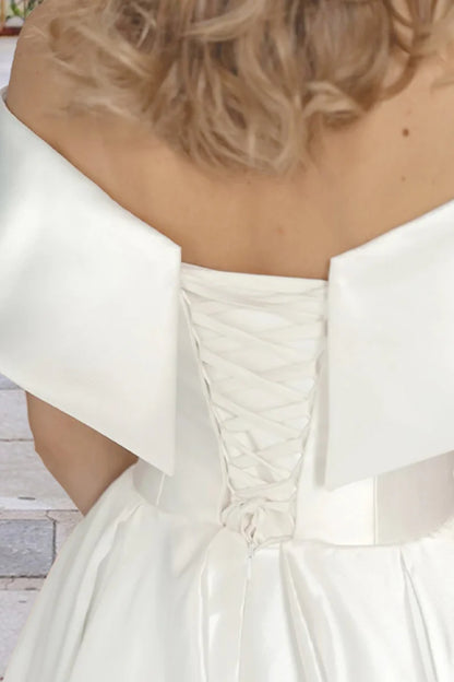 Chic A-Line Off Shoulder Short Sleeve Lace Up Back Tea Length Wedding Dress
