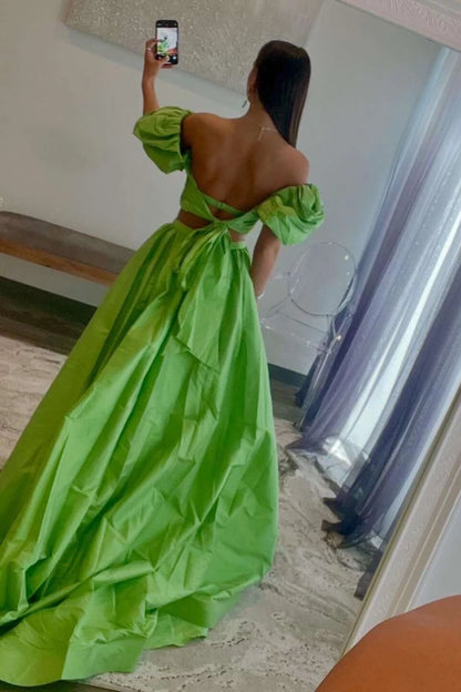 Chic A-Line Off-the-Shoulder Puff Sleeve Cutout Back Tie Taffeta Evening Dresses
