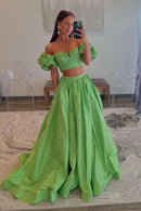 Chic A-Line Off-the-Shoulder Puff Sleeve Cutout Back Tie Taffeta Evening Dresses