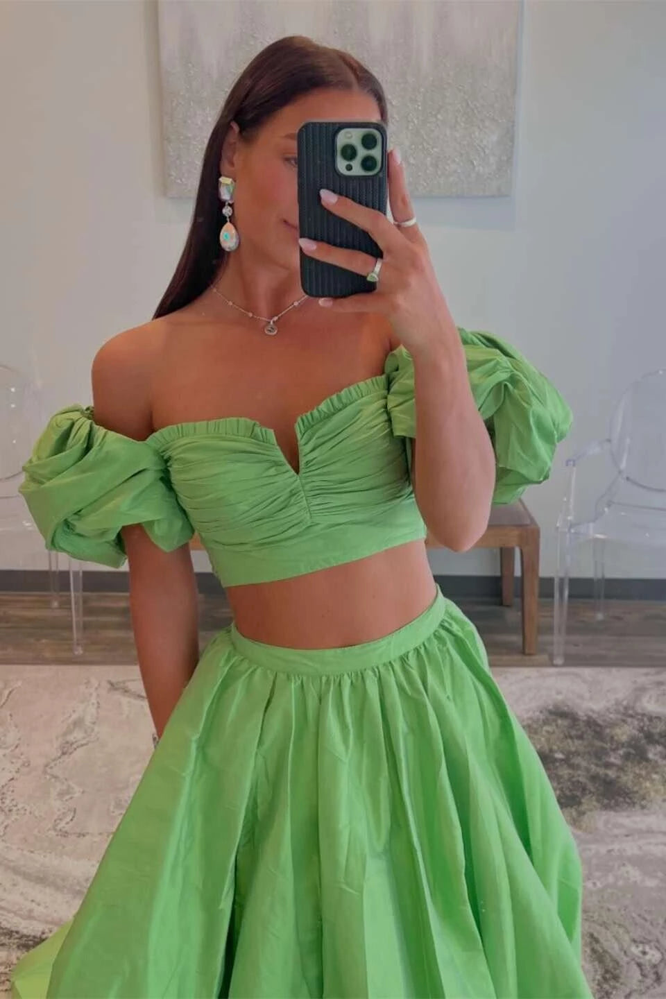 Chic A-Line Off-the-Shoulder Puff Sleeve Cutout Back Tie Taffeta Evening Dresses