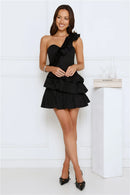 Chic A-Line One-Shoulder Ruffle Tiered Black Mini Homecoming Dress for Women.