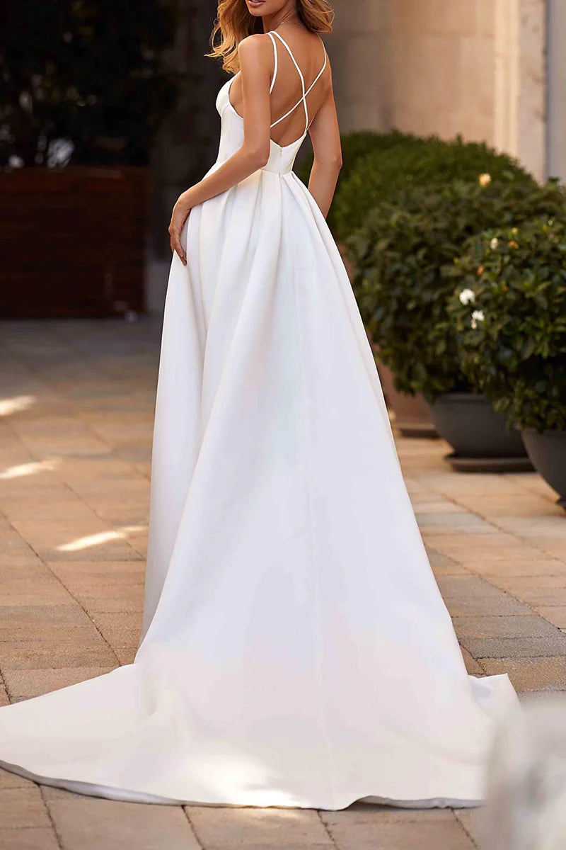 Chic A-Line Plunge-V-Neck Spaghetti-Strap Cross-Back Train-Length Wedding Dress