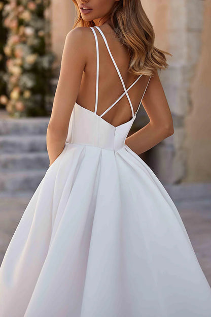Chic A-Line Plunge-V-Neck Spaghetti-Strap Cross-Back Train-Length Wedding Dress