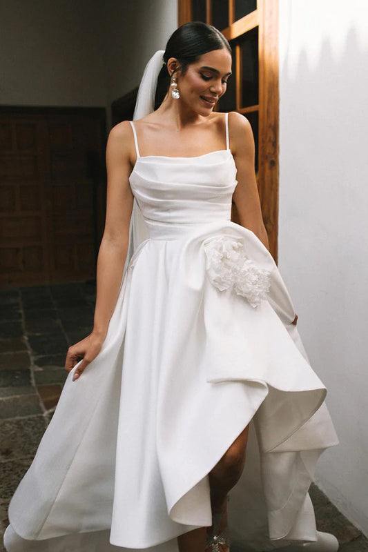 Chic A-Line Square Neck Spaghetti Strap Open Back High Low Wedding Dress