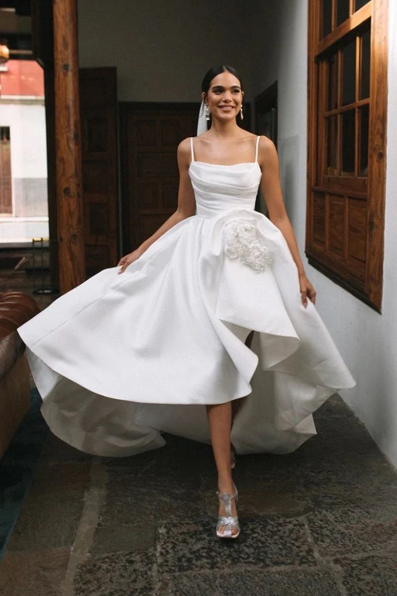 Chic A-Line Square Neck Spaghetti Strap Open Back High Low Wedding Dress