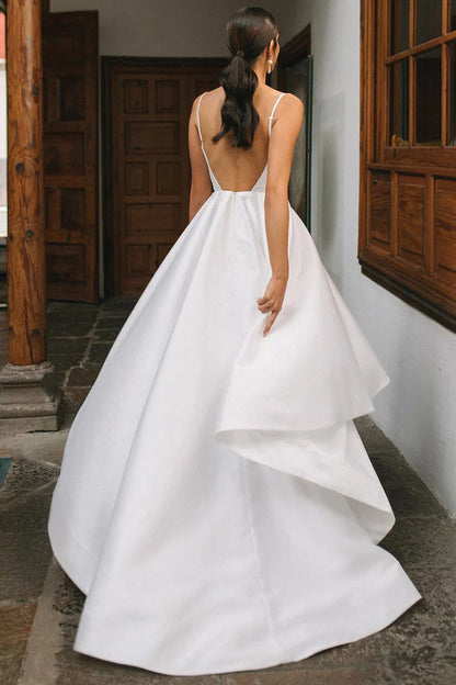 Chic A-Line Square Neck Spaghetti Strap Open Back High Low Wedding Dress