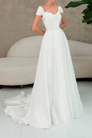 Chic A-Line Sweetheart Off-Shoulder Lace-Up-Back Train-Length Wedding Dress