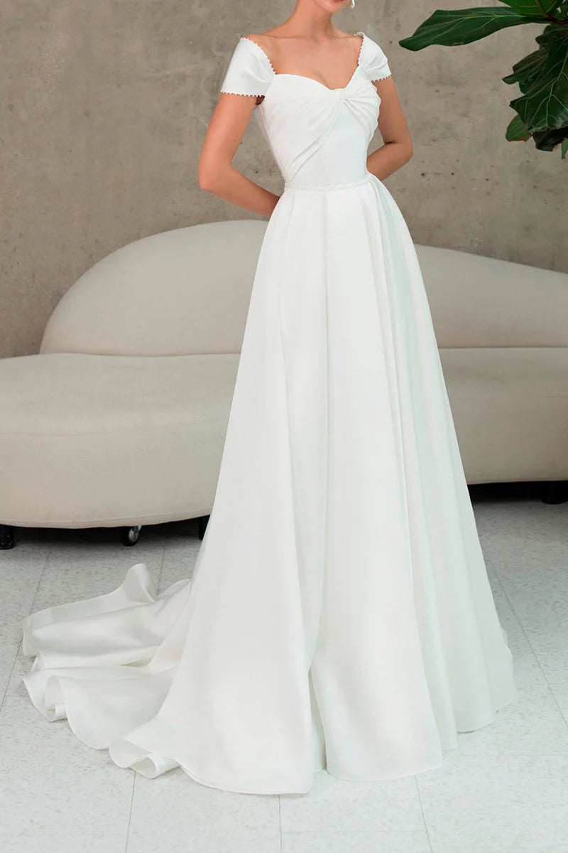 Chic A-Line Sweetheart Off-Shoulder Lace-Up-Back Train-Length Wedding Dress