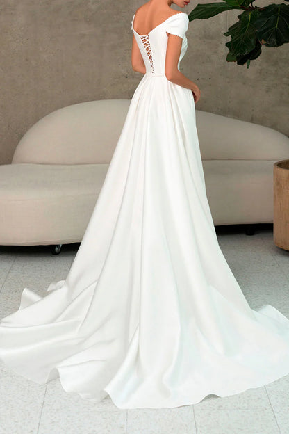 Chic A-Line Sweetheart Off-Shoulder Lace-Up-Back Train-Length Wedding Dress