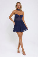 Chic A-Line Sweetheart Open Back Navy Mini Homecoming Dress with Choker Detail.