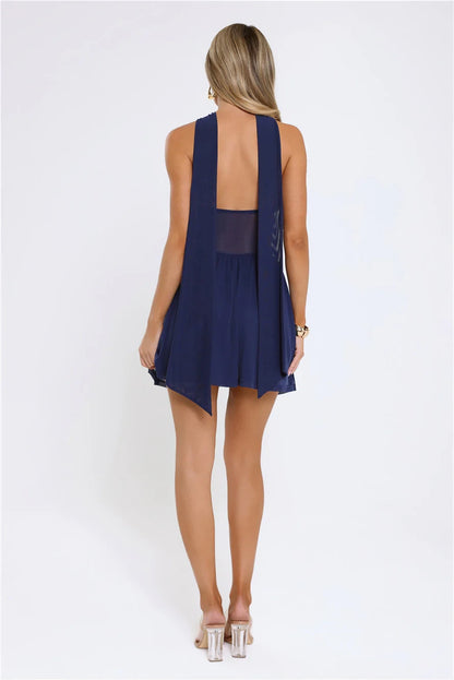 Chic A-Line Sweetheart Open Back Navy Mini Homecoming Dress with Choker Detail.