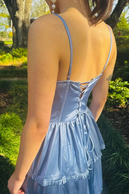 Chic A-line V-neck Spaghetti Straps Lace-up Back Tiered Ruffle Floor-length Evening Prom Dress