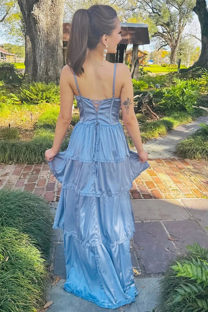 Chic A-line V-neck Spaghetti Straps Lace-up Back Tiered Ruffle Floor-length Evening Prom Dress