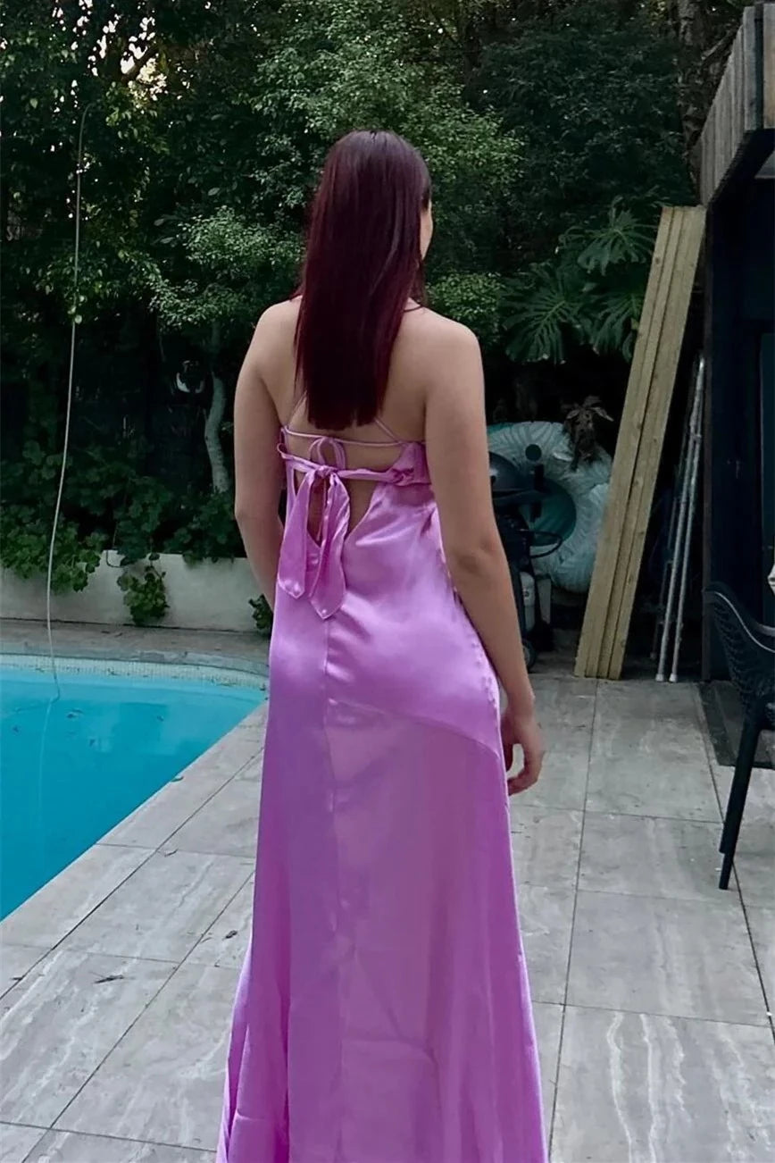Chic Fuchsia Sheath Spaghetti Strap V-Neck Open Back Maxi Evening Dresses